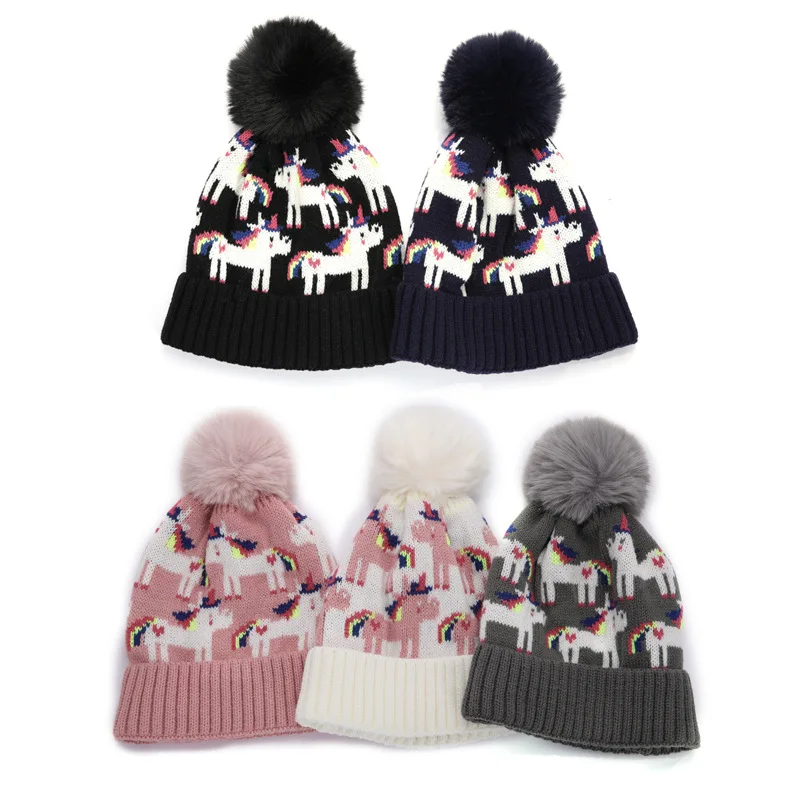 

Cartoon Baby Hat Autumn Winter Hats For Kids Unicorn Embroidery Cute Hat Girl Boy Pompom Beanie Warm Knitted Bonnet Cap