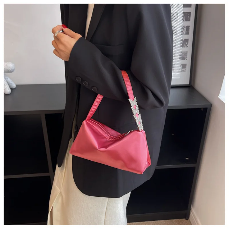 Fashion Women Butterfly Chain Shoulder Underarm Bags Casual Ladies Pure Color Purses Handbags Elegant Nylon Shoulder Pillow Bag