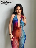 dulzura lace up women halter jumpsuit backless see through bodycon sexy party club outfits gradient rompers wholesale items