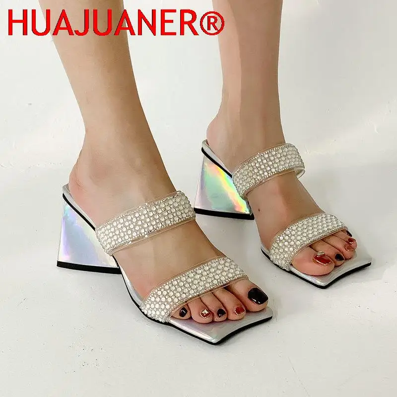 

2022 Summer Triangle Thick High Heel Women Sandals Fashion Caystal Slippers Big Size Lady Slides Shoes Gold Silver