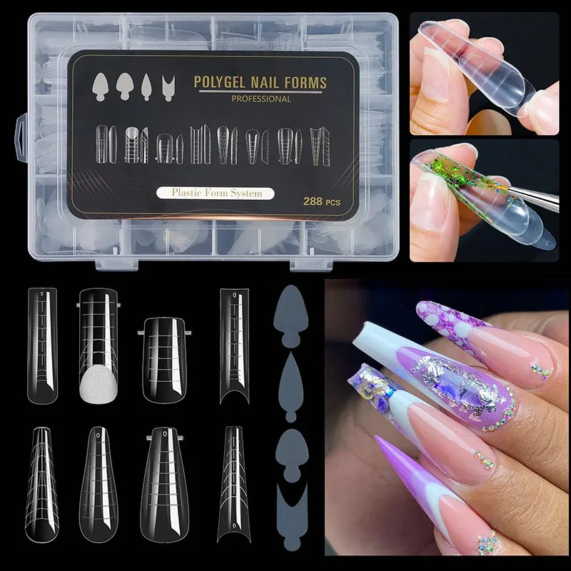 

288Pcs Dual Nail Forms Set Full Cover French Nail Extension Tips With Reuse Silicone Nail Sticker for Extension Manicure Tools
