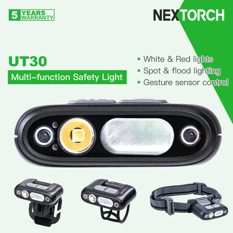 Фото Умный датчик Nextorch UT30, многофункциональная безопасная лампа, Головной фонарь, крышка, велосипед, шлем, цвет белый/красный, двойные фонари, перезаряжаемый №1