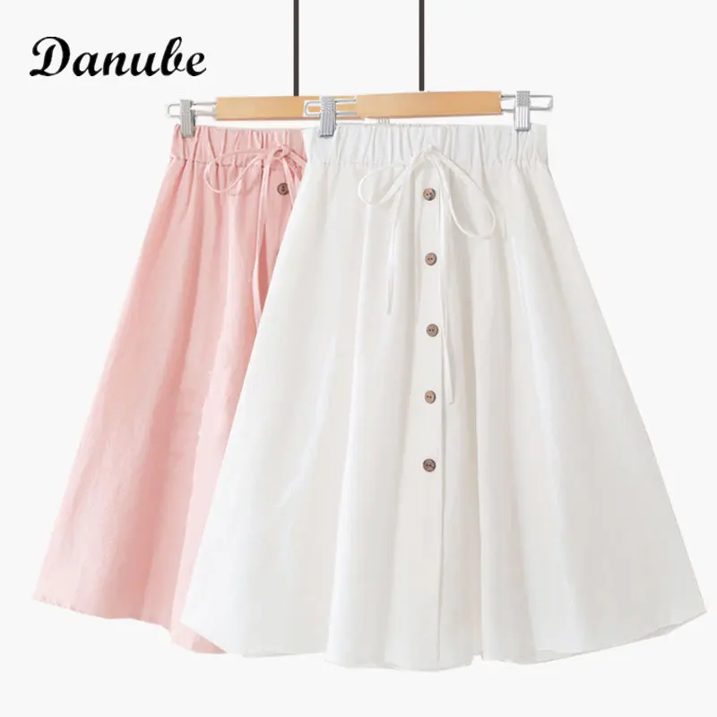 

Spring Summer Long Pleated Skirt Women Harajuku Korean Style Button Elastic Waist A-line Skirt Casual Loose Beach Midi Skirts