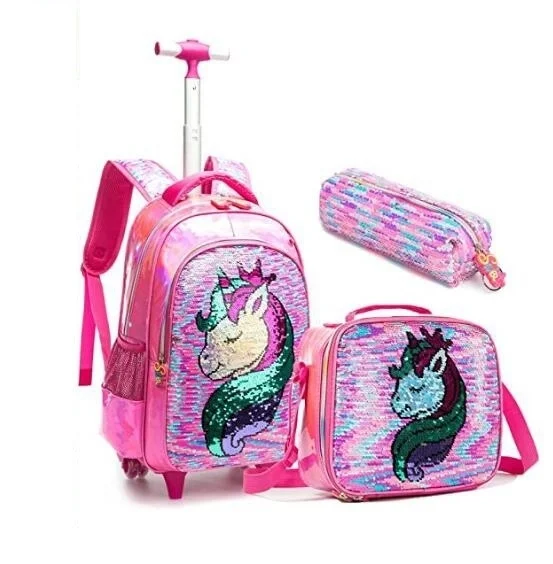 

Jasminar Rolling Backpacks 16 inch with Lunch Bag and Pencil Case for Girls School Trolley Bags Set Kids Rolling Luggage Bag