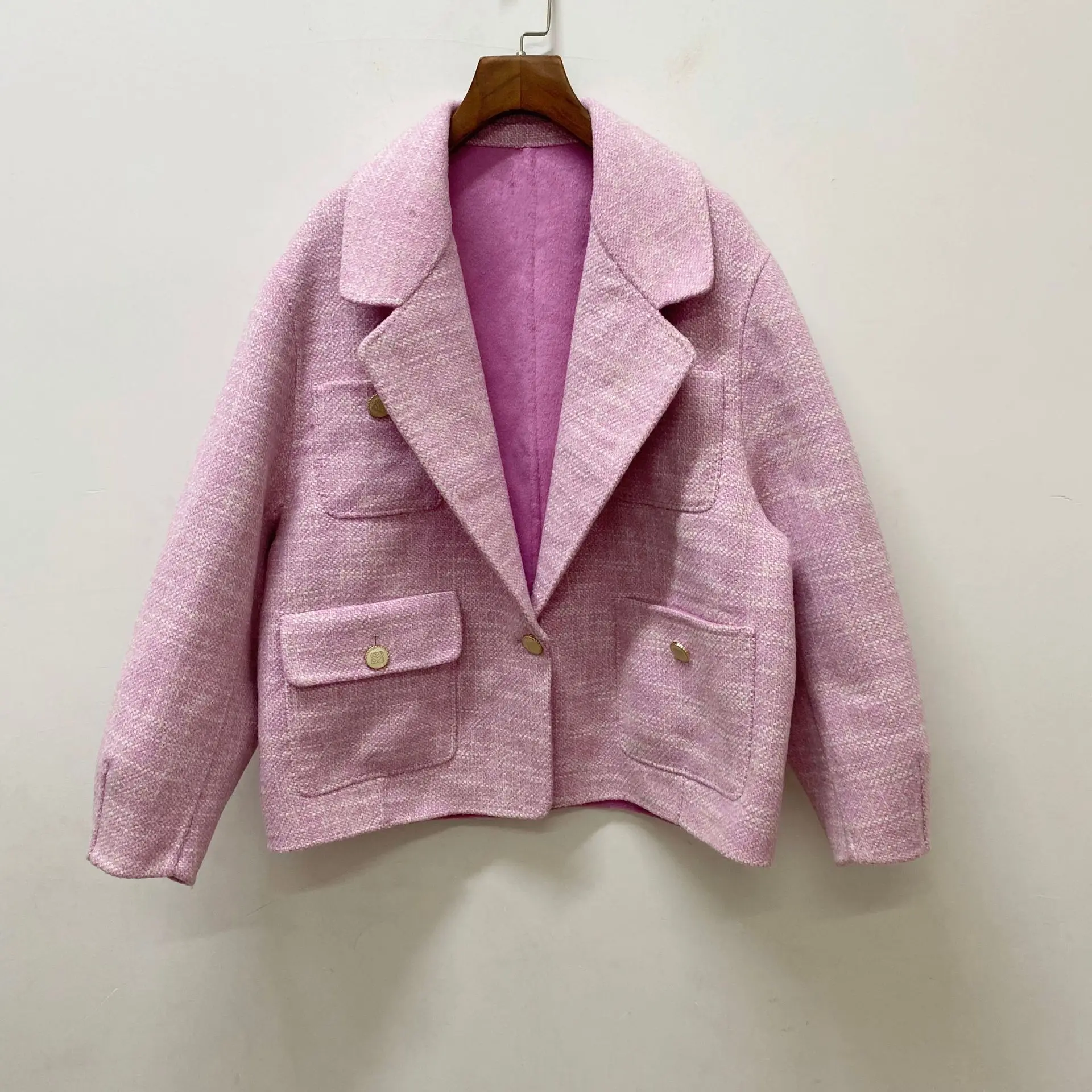 

Fashionable and Elegant Spring and Autumn New Product Pink One Button Suit Collar Four Pocket Solid Color Women's Suit