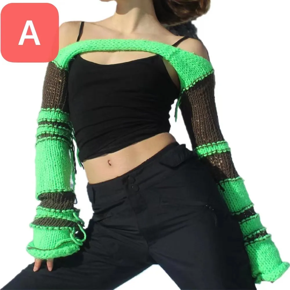 

Xingqing Kawaii Stripe Patchwork Crop Top y2k Women Long Sleeve Knitted T Shirt 2000s E Girl Off Shoulder Clothes Goth Clothing