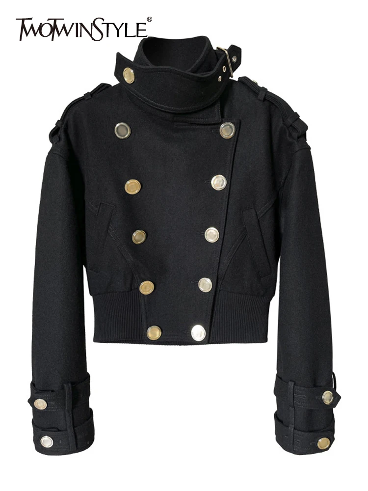 

TWOTWINSTYLE Casual Black Coat For Women Stand Collar Long Sleeve Solid Coats Female Korean Fashion Winter Clothing Style New