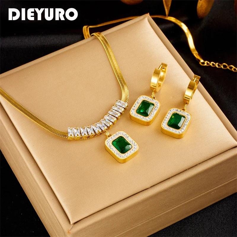 

DIEYURO 316L Stainless Steel Luxury Non-fading Square Green Crystal Zircon Pendant Necklace Earrings Jewelry Set For Women Gifts