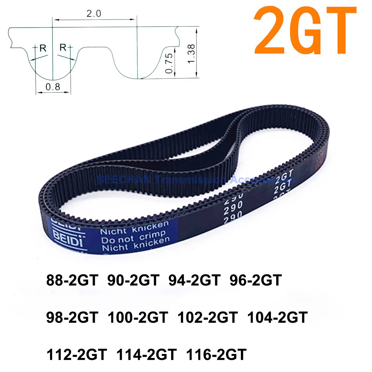 

2GT Rubber Timing Belt Pitch Length 88 90 94 96 98 100 102 104 112 114 116mm Width 6mm 10mm Closed Loop Synchronous Belt
