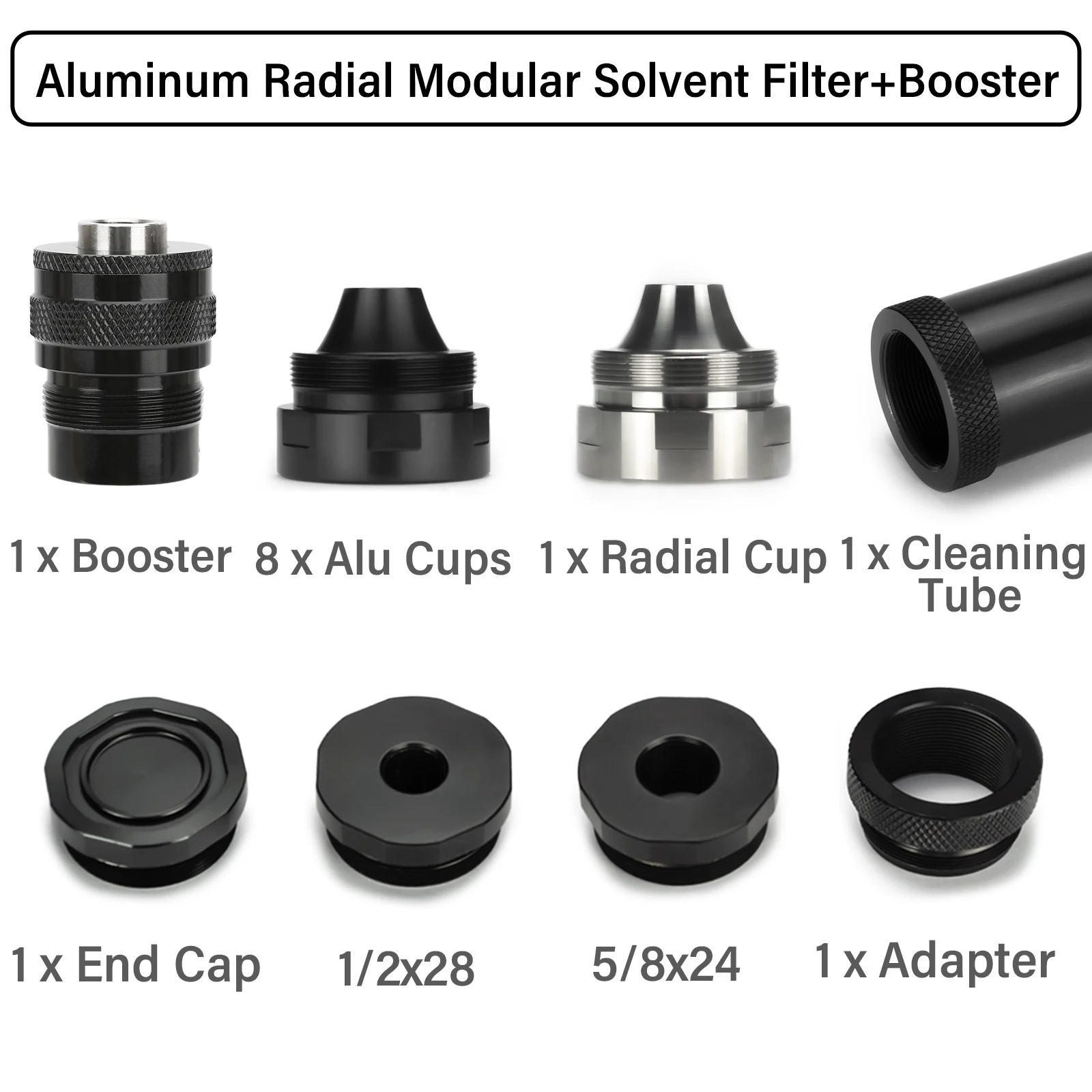 

Car Screw Kit 8.5"L 1.55"OD Aluminum 1.375x24 Radial Modular Solvent Hybrid 1x SS Cups+1/2x28,13.5x1LH,9/16x24,.578x28 Booster
