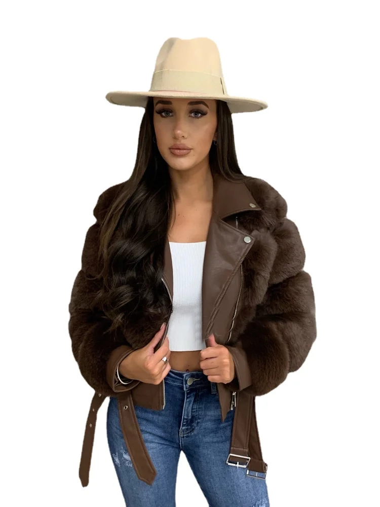 

EE1485 Faux Fox Fur Coats with PU Leather Wholeskin Eco Fox Fur Jacket Outwear Luxury Women Winter Slim Jacket Warmer Fur Coats