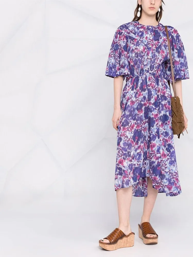

Retro Print Women Midi Dress 2022 New Slim Waist Lantern Sleeve Ladies O-Neck Contrast Color Long Robes