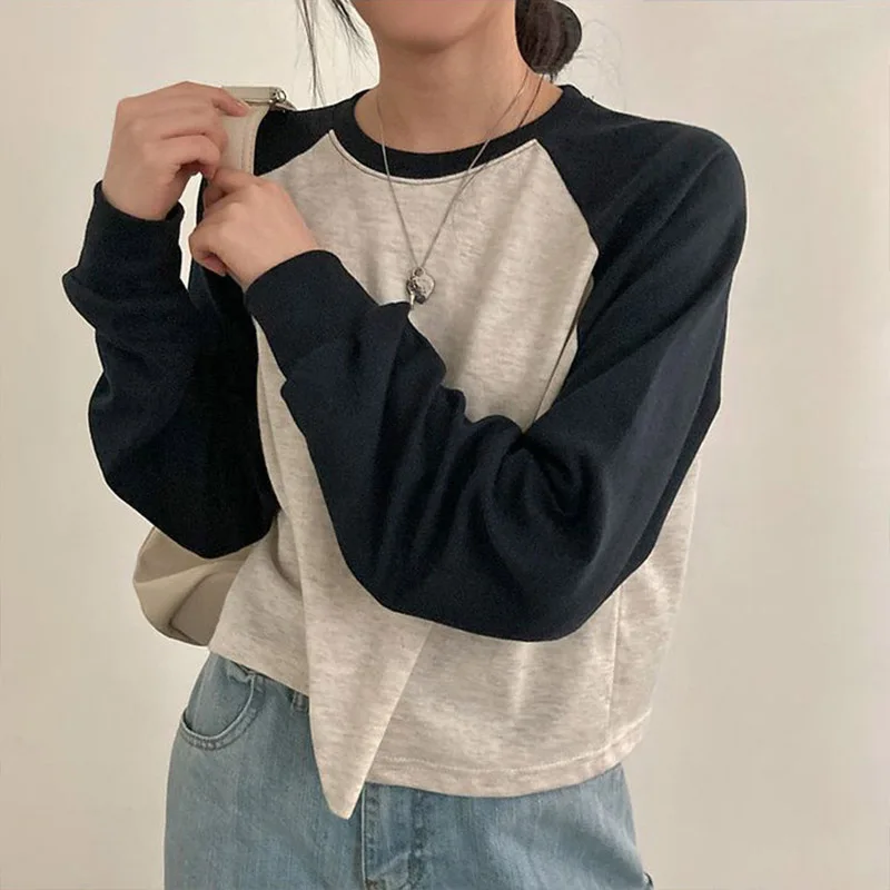 Футболки женские весенние хлопковые корейские версии Лоскутные Топы с длинным