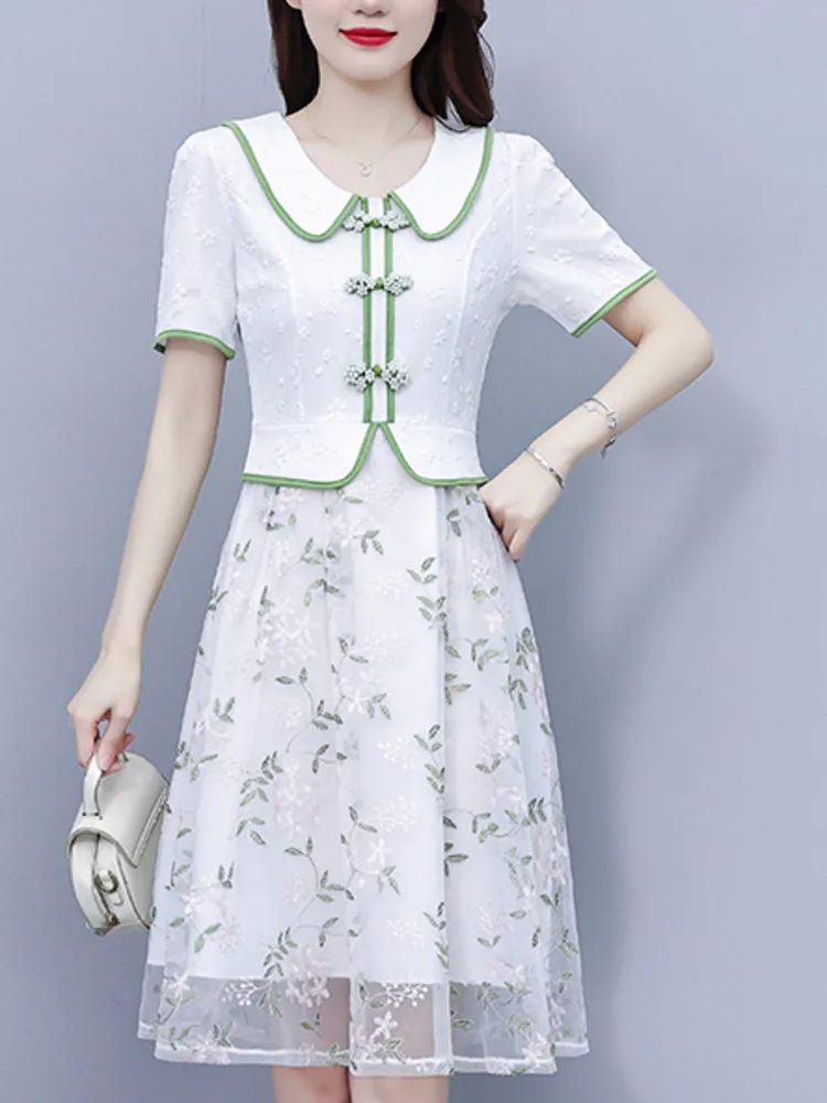 # 7965 Лето Белое Винтажное Ложное Платье А-силуэта с Высокой Талией Из Двух Частей