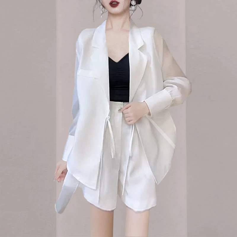 

Women Shorts Two Piece Set Thin sun protection Long Sleeve Blazer Coats And High Waist Shorts New Retro Splicing Casual 2 Pieces