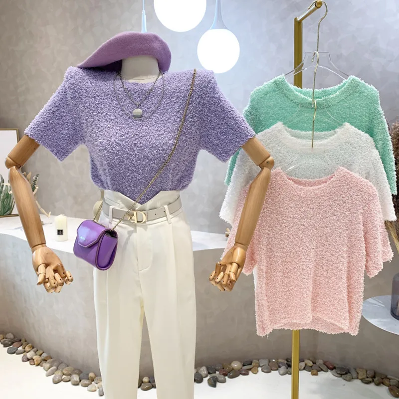 

New Women's Clothing 2022 Spring Round neck short sleeve candy color versatile solid color T-shirt bottomed shirt blouse top