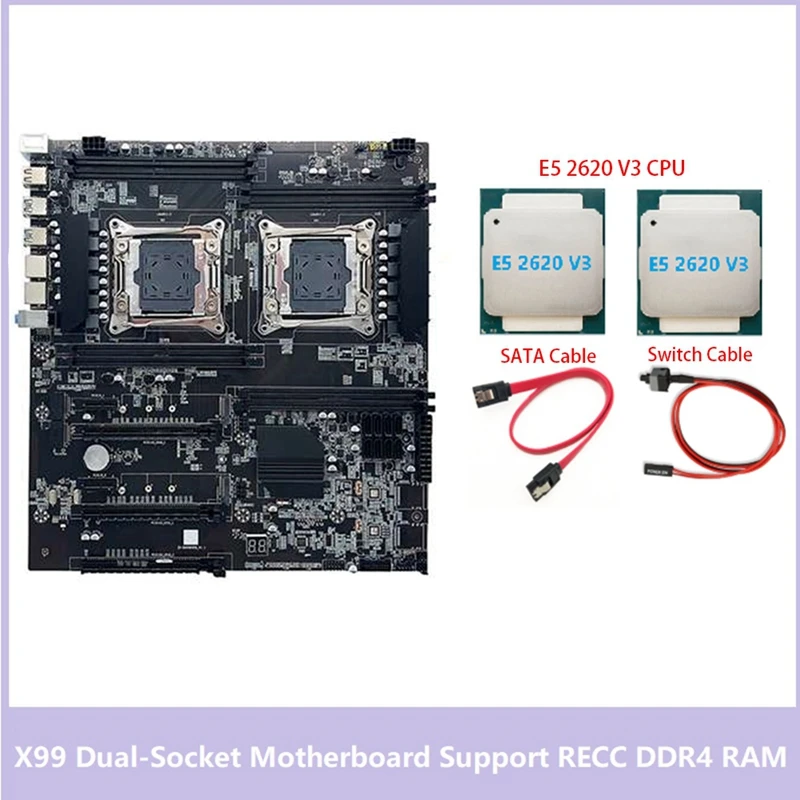 

X99 Desktop Motherboard LGA2011-3 Dual CPU Support RECC DDR4 Memory With 2XE5 2620 V3 CPU+SATA Cable+Switch Cable