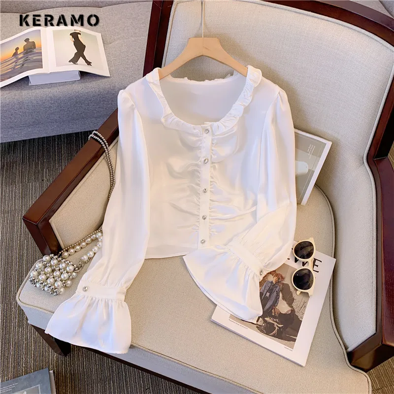 

Женская однобортная рубашка, элегантная Милая Белая Блузка с круглым вырезом, Повседневная однотонная мягкая блузка, однобортная футболка, лето 2023