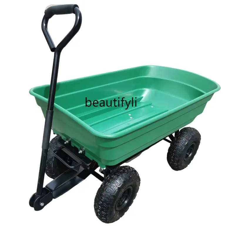 

Four-Wheel Hand Buggy Flat Trailer Plastic Tilting Cart Trolley Agricultural Trolley