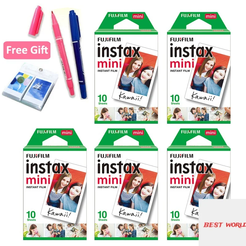 

50 sheet White Fujifilm Instax Mini 8 film + Free Gift one Album & 2 Drawing Pens for Fujifilm Instant Mini 11 7s 25 90 Came