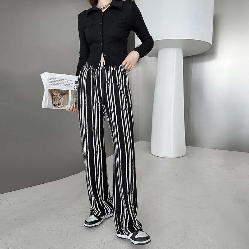 

Women Summer Wide Leg Pants Colorblocked Stripe Long Trousers High Waist Straight Thin Pants
