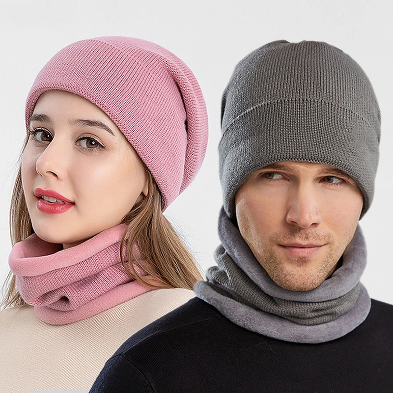 

Winter Men Hats Scarf Set Solid Color Warm Cap Scarves Male Unisex Outdoor Elastic Soft Comfortable Hat