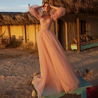 simple pink a line prom dresses floor length tulle evening dress illusion long sleeve off the shoulder party gown women