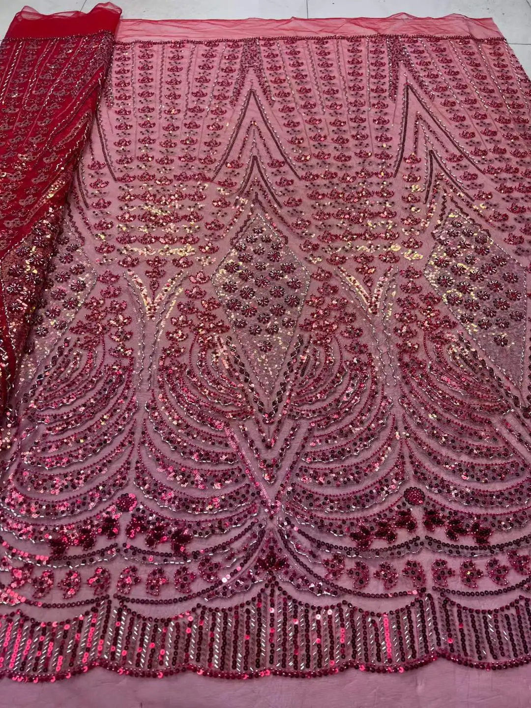 

High Quality Mesh Lace Fabric Tulle Embroidery Stack Sequins Bead Craft Nigerian Sewing Party Wedding Dress 5 Yards Wholesale