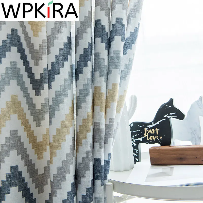 

Yellow Grey Wave Printed Curtains in Living room Shading Thermal Insulation Modern Two-color Splice Geometric Window Drapes
