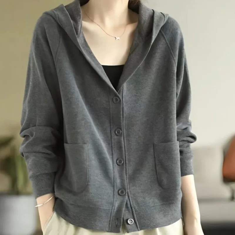 

Свитер женский с длинным рукавом и капюшоном, повседневный свободный однобортный Топ в японском стиле, универсальная Модная хлопковая куртка, Осень-зима