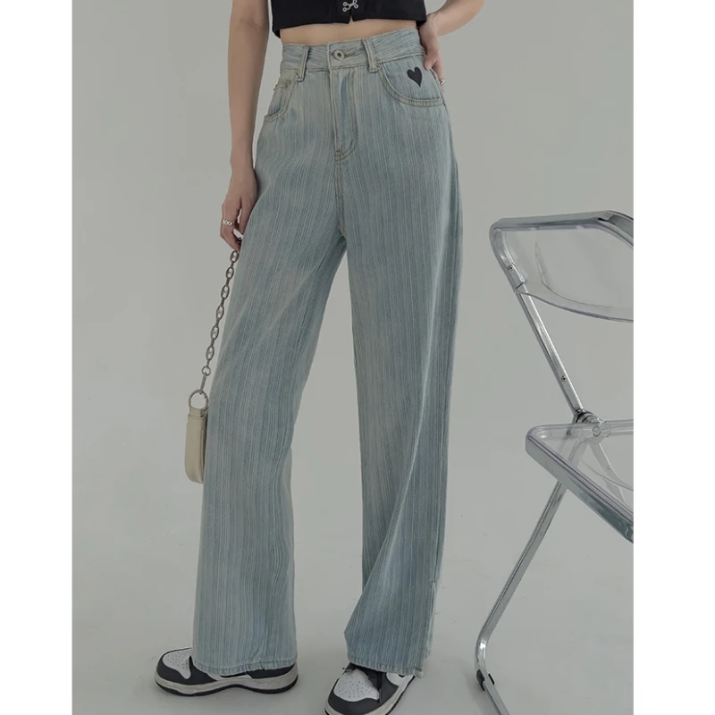 

Синие джинсы женские с завышенной талией в форме сердца, винтажные американские модные джинсы с широкими штанинами, Женские Мешковатые брюки, прямые джинсовые брюки