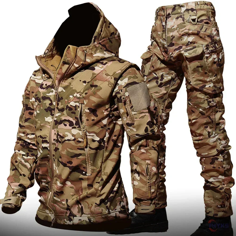 Фото 6XL TAD Тактический мужской охотничий походный костюм для рыбалки, камуфляжный костюм из кожи акулы, охотничья водонепроницаемая куртка с капюшоном + брюки №2