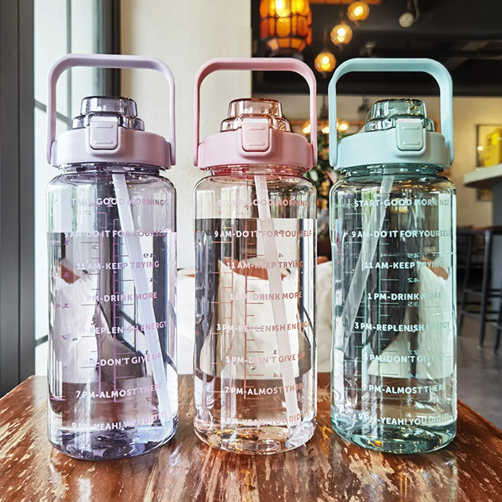 

2L Large Capacity Water Bottle Straw Cup High Temperature Plastic Water Cup Time Scale Outdoor Sports Student Couple Cup