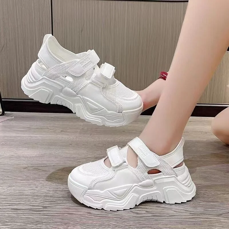 

Кроссовки женские на толстой подошве, ПУ кожа, средний каблук, на липучке, платформа, круглый носок, Вулканизированная подошва, однотонные