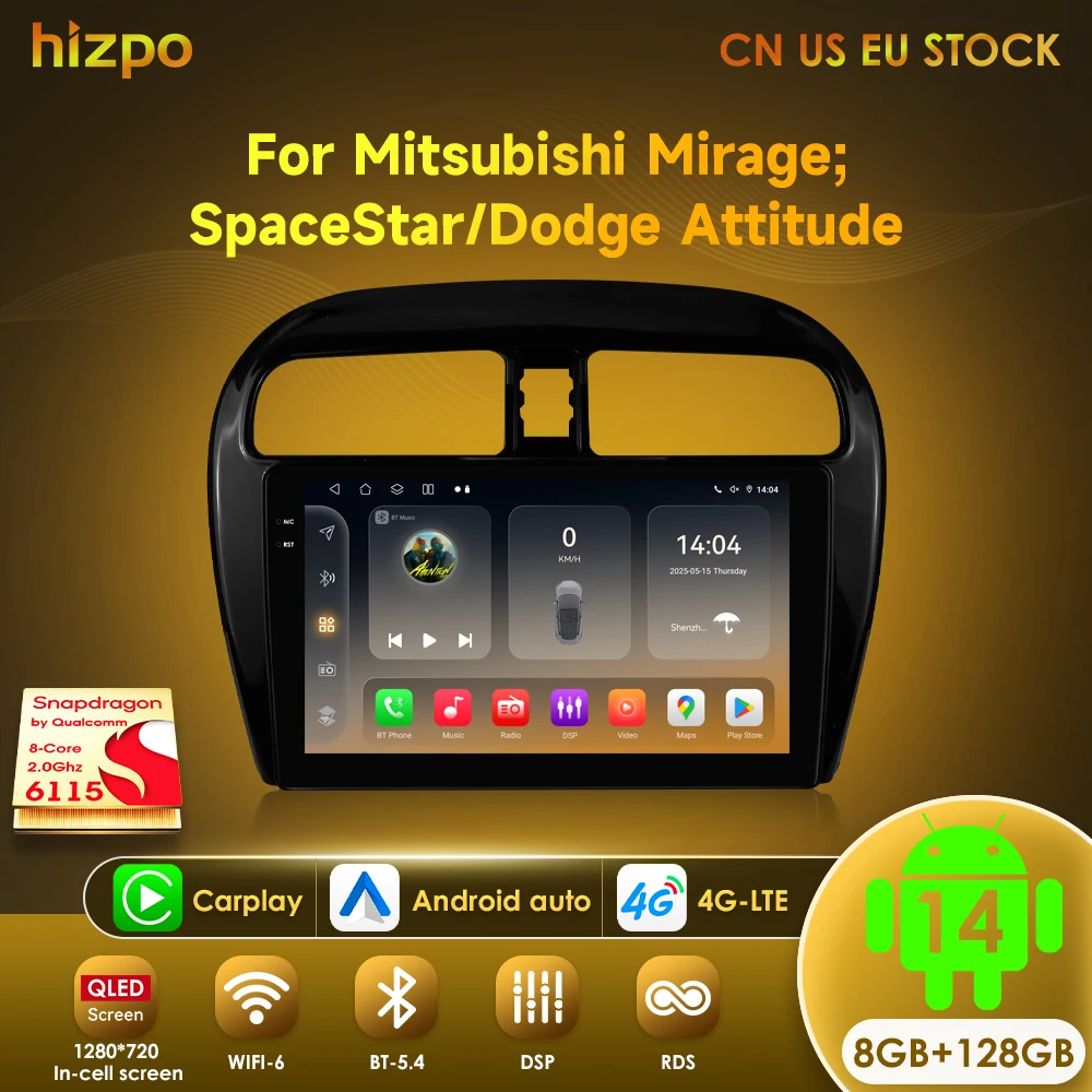 Фото Автомобильный радиоприемник Hizpo 2 Din Android 14, мультимидия для MITSUBISHI Mirage Spacestar Dodge Attitude 2012-2018, GPS-навигация, Carplay DSP №1