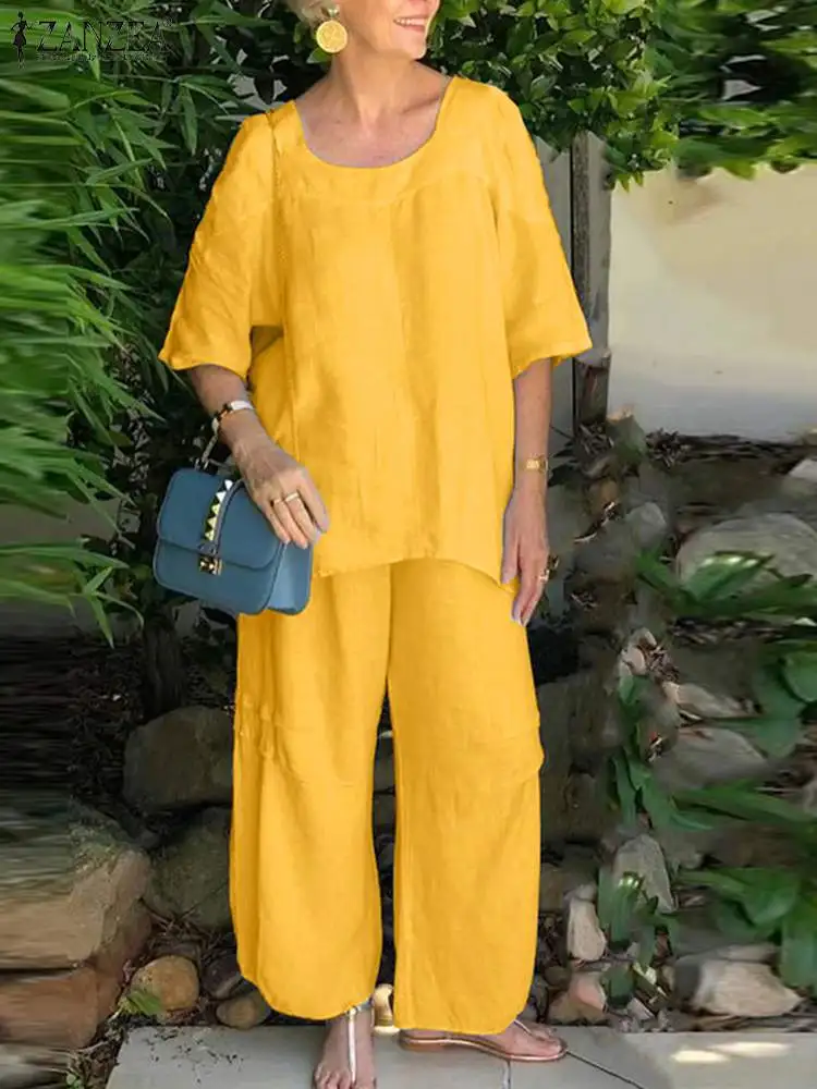 

ZANZEA Casual Loose Pant Sets Women Square Neck Half Sleeve Tops 2pcs Outfits 2023 Summer Wide Leg Pant Tracksuits Blue Sets