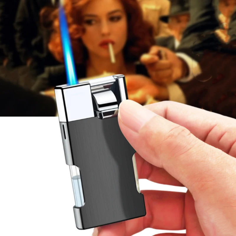 

New Thin Type Cool Ignition Card Shape Blue Flame Lighetr Inflation Adjustable Windproof Torch Unique Luxury Cigar Metal Lighter