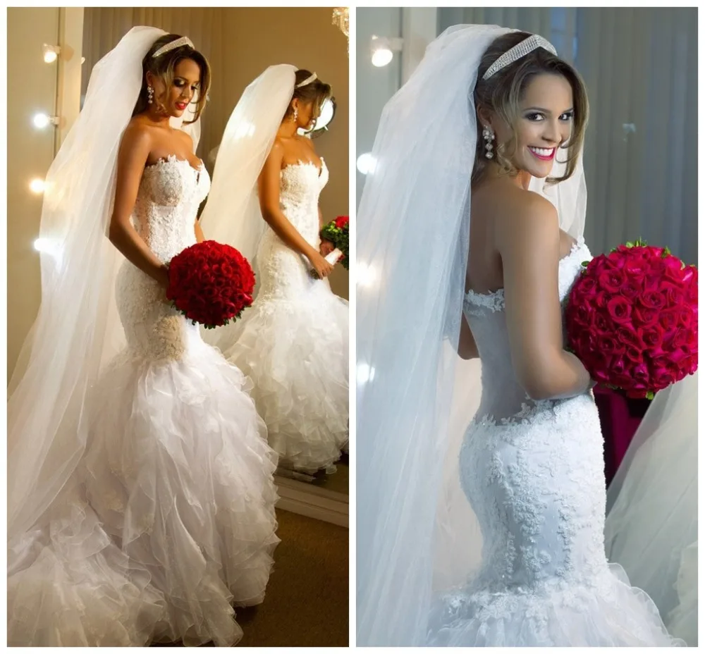 

Luxury Ruffles Sexy Mermaid Wedding Dresses with Lace Sweetheart Off the Shoulder Vestido De Noiva 2016 Bridal Gowns
