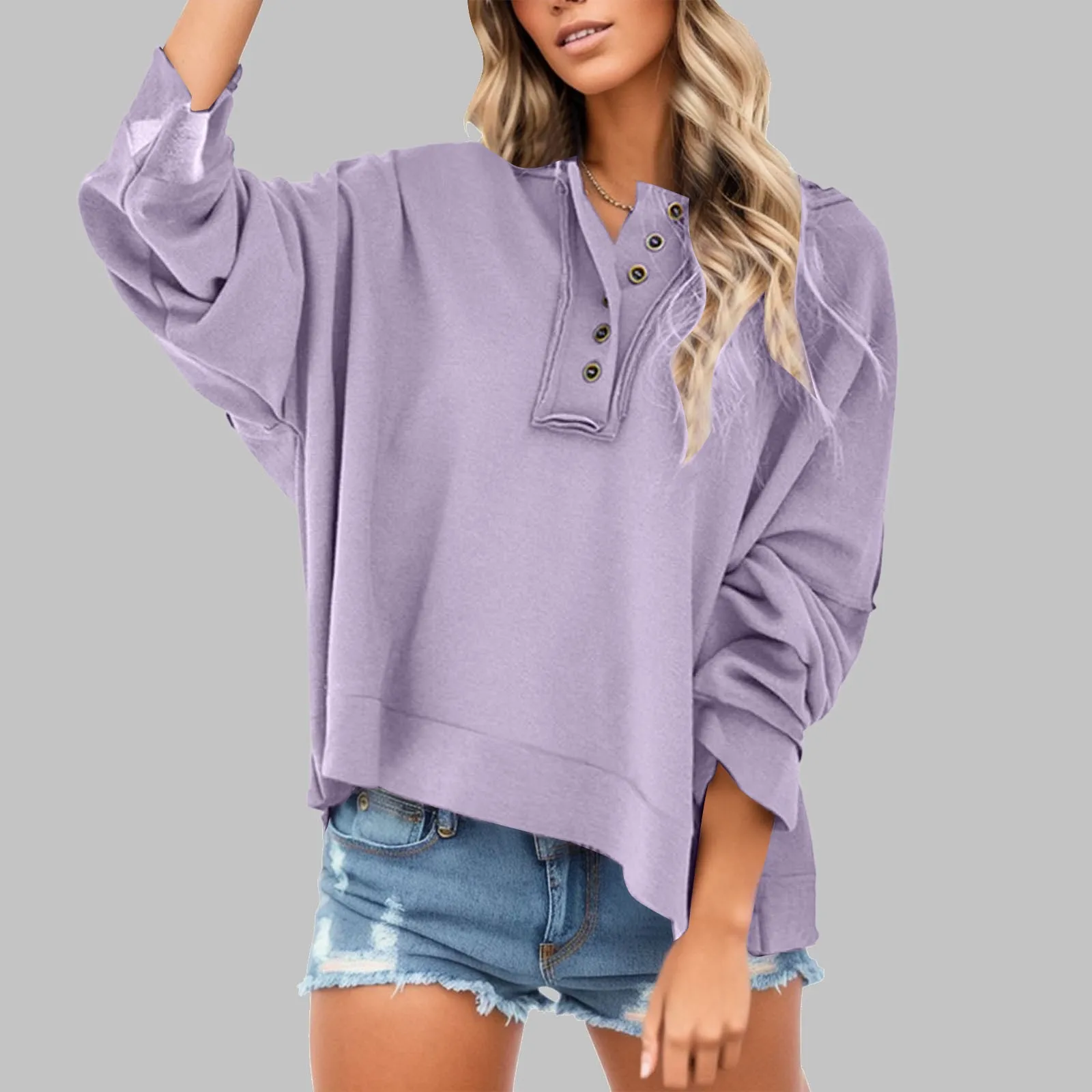 

Womens Knit Button Hoodie Loose Solid Color Sweatshirt Hooded Long-Sleeve Pullover Casual Patchwork Top For Lady Fall 2023