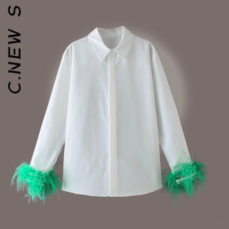 

C.New S Shirt 2022 Women Feather Soft Retro Friend Simple Party Basic Top Korean Style Women Top New Casual Female Ladies Shirts