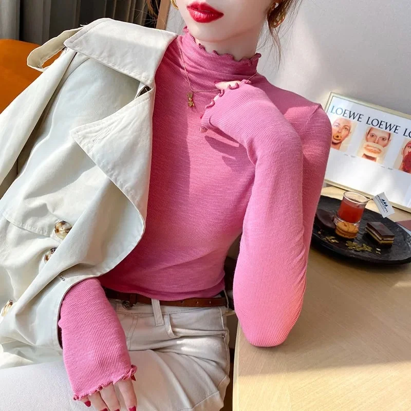 

New Women's T-shirt Half turtleneck bottoming shirt Women Slim Cotton T-shirt Long-sleeved for Female Tops Woman Tees Shirt