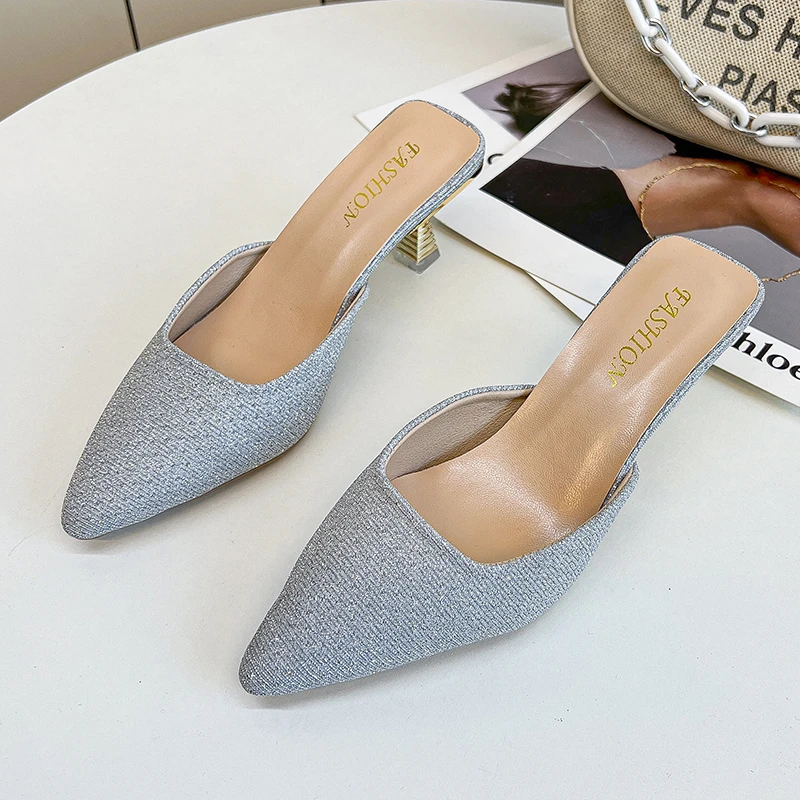 

Baotou Simple Large Size High Heels Women 2023 Summer New Fashion Pointed Toe Fashion Half Drag Comfortable Women's Shoes