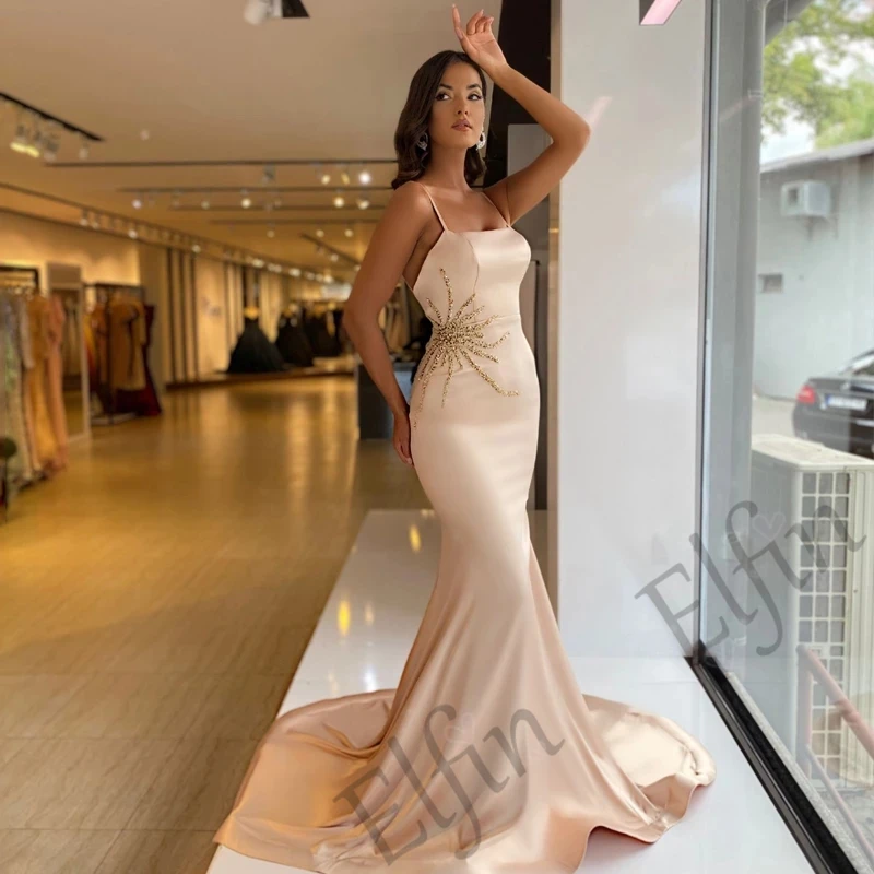 

Elfin Champagne Evening Dresses Beads Sequin Robe De Soiree Mermaid Spaghetti Strap Boat Neck Vestidos De Noche Dubai Turky