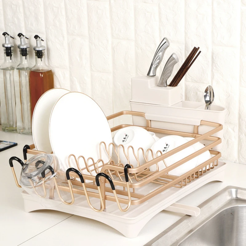 

Kitchen Dish Drying Rack Aluminium Alloy Sink Stand Knives Holder Cutlery Water Drainer Storage Plates Bowls Organizer Shelf