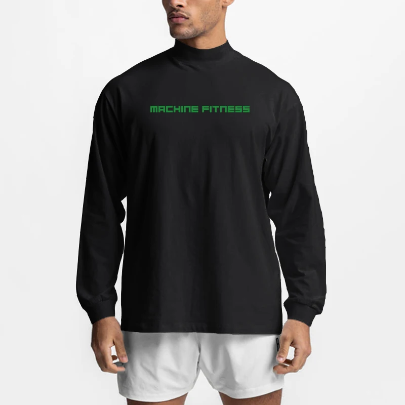 

Casual Drop Shoulders Long Sleeve Cotton T-shirt Mens Gym Fitness Oversized T shirt Autumn Turtleneck Tee Tops Sports Clothing