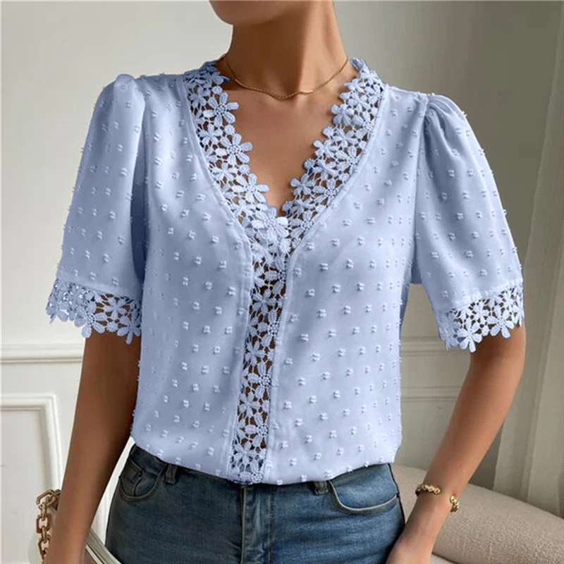 

Женская шифоновая блузка с V-образным вырезом и коротким рукавом