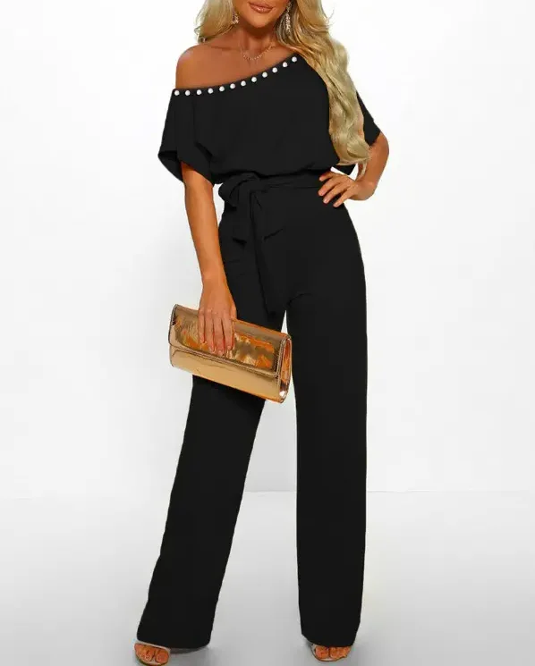 

Elegant Office Lady Beaded Decor Belted Jumpsuit Women 2022 Summer Fashion New Black Casual High Waist Jumpsuits-With Belt