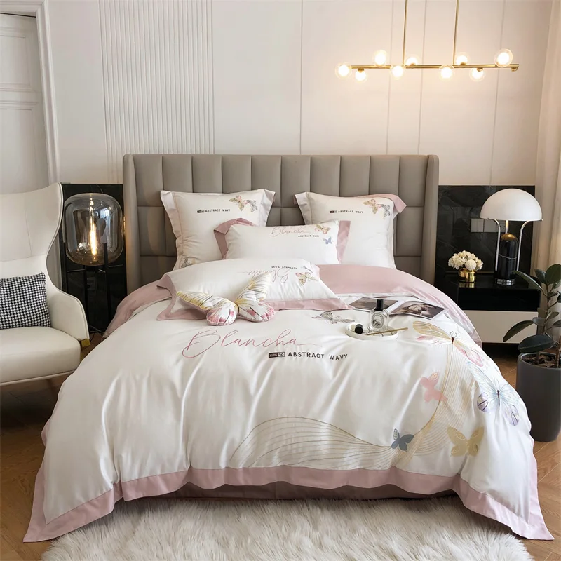 

Luxury 100S Egyptian Cotton Princess Bedding Butterfly Embroidery Duvet Quilt Cover Bed Comforter Set Fitted Sheet