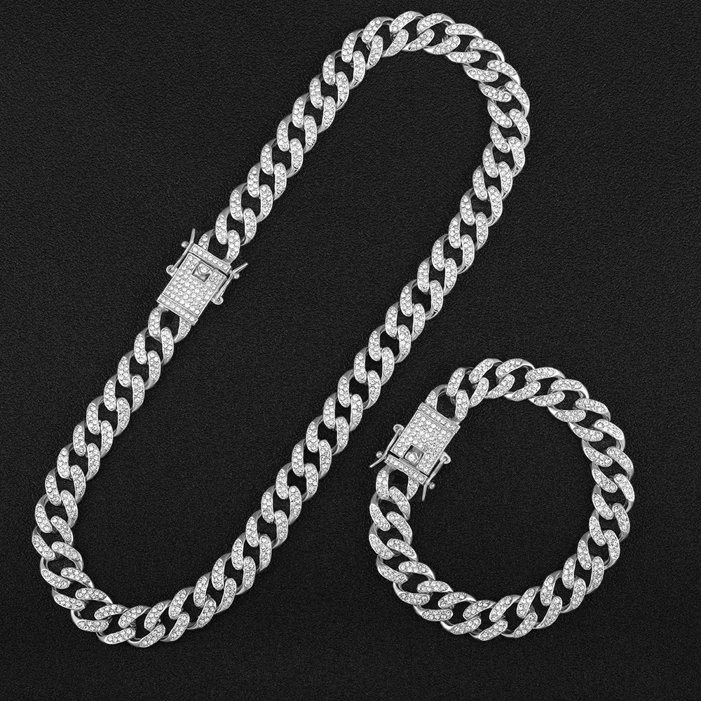 

A set Hip Hop Miami Curb Cuban Chain Bling Men's Iced Out chain Male Necklaces Rapper Link Silver Color Necklace Men Jewelry