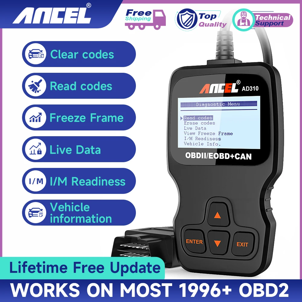 ANCEL AD310 OBD II Сканер считывателя кодов неисправностей двигателя автомобиля CAN